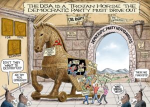 Political cartoon of a trojan horse filled with protesting DSA members inside of the Democratic Party HQ