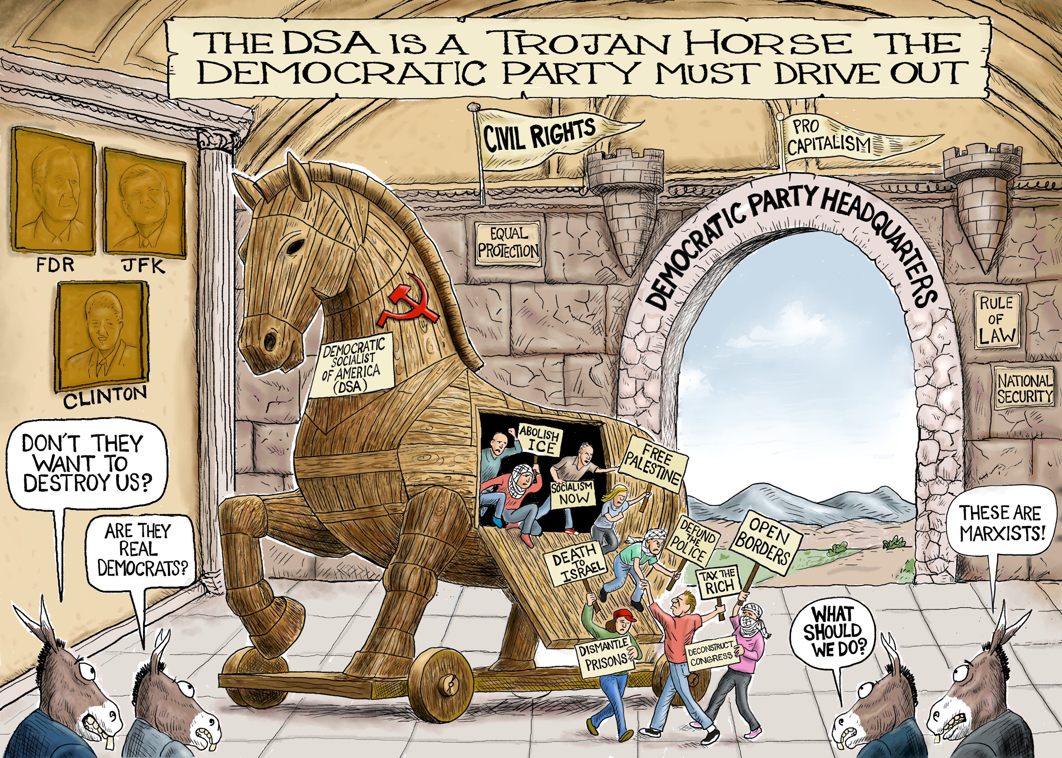 Political cartoon of a trojan horse filled with protesting DSA members inside of the Democratic Party HQ