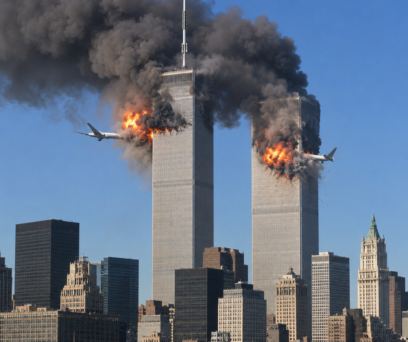 Planes striking the twin towers on 9/11/01 - AI generated